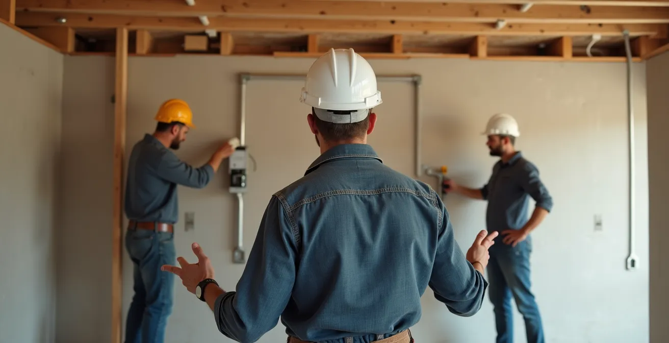 Métaphore visuelle : plusieurs artisans de différents métiers (charpentier, électricien, plombier, maçon, peintre) travaillant en harmonie sur un chantier avec un chef d'orchestre entrepreneur coordinant leurs efforts avec des gestes de direction