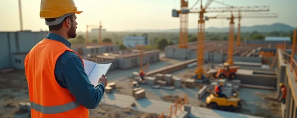 Vue d'ensemble d'un chantier de construction avec entrepreneur général supervisant les travaux, équipes coordonnées, matériaux organisés, reflet de professionnalisme et gestion efficace