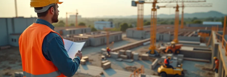 Vue d'ensemble d'un chantier de construction avec entrepreneur général supervisant les travaux, équipes coordonnées, matériaux organisés, reflet de professionnalisme et gestion efficace