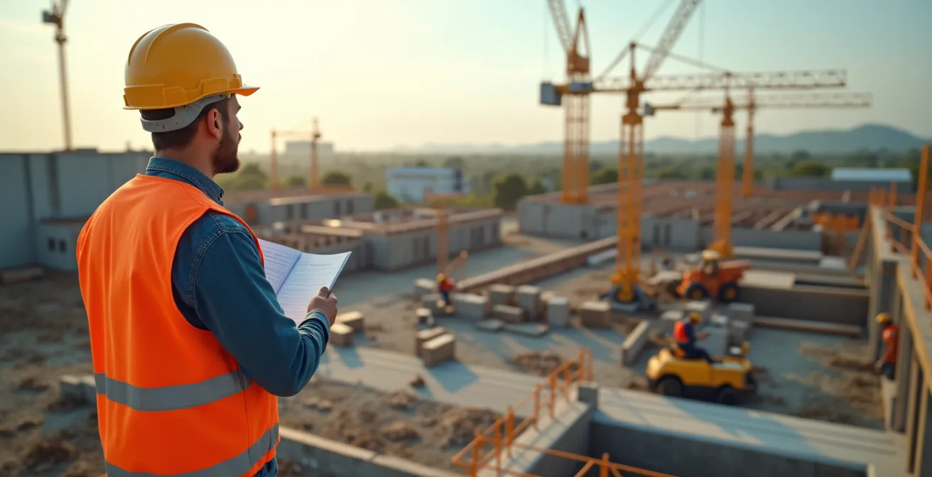Vue d'ensemble d'un chantier de construction avec entrepreneur général supervisant les travaux, équipes coordonnées, matériaux organisés, reflet de professionnalisme et gestion efficace