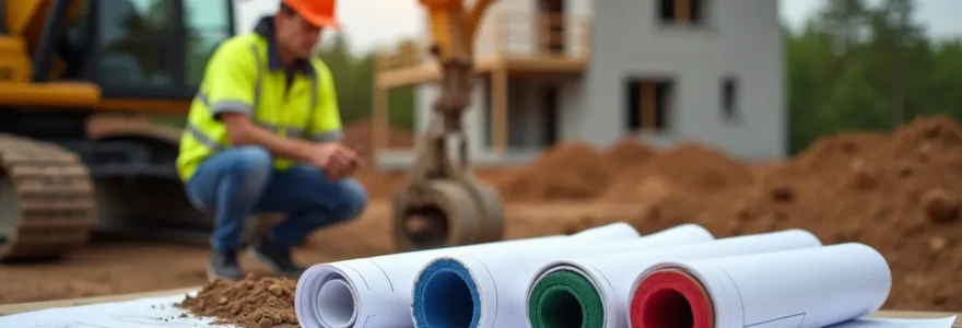 Illustration d'un ingénieur géotechnicien analysant le sol d'un chantier de construction avec matériel de sondage