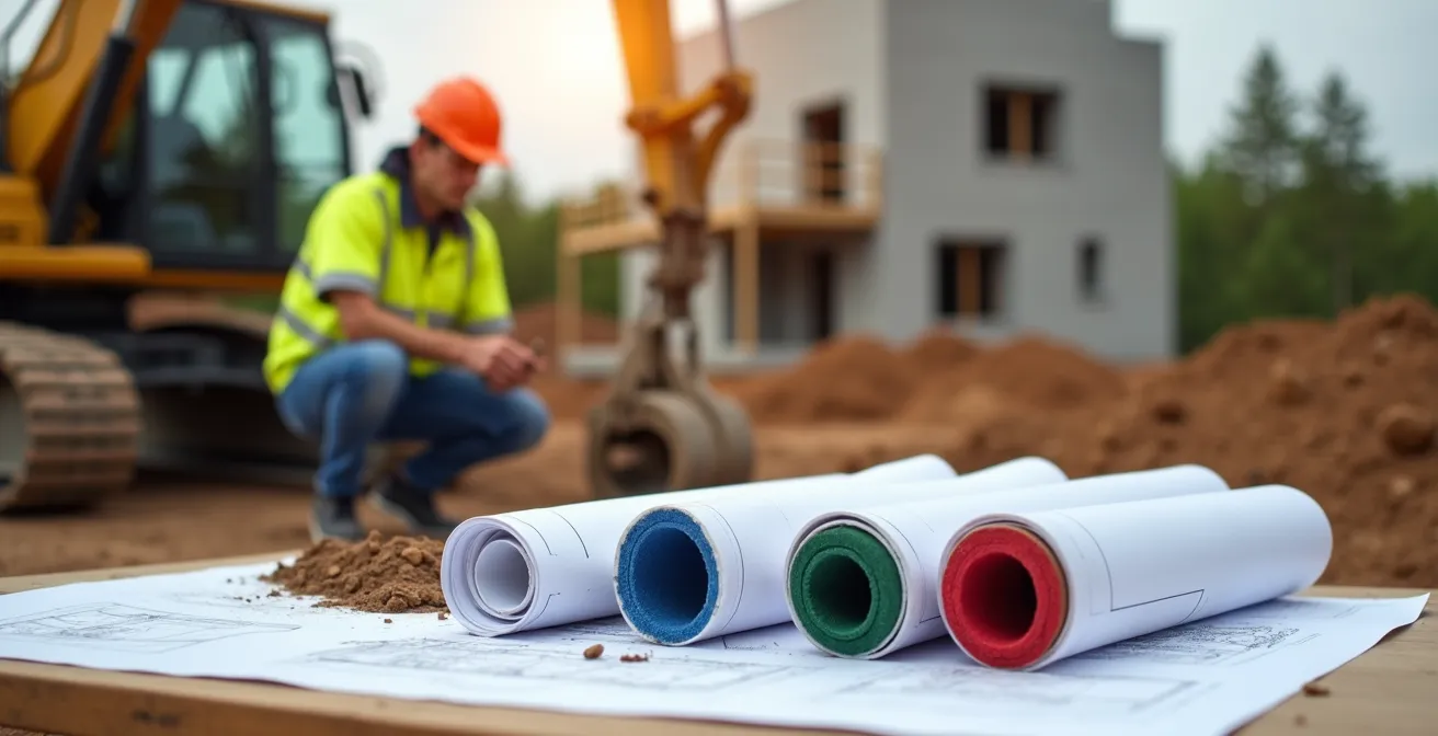 Illustration d'un ingénieur géotechnicien analysant le sol d'un chantier de construction avec matériel de sondage