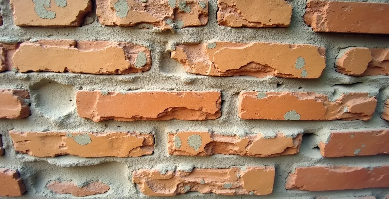 Détail d'une fissure structurelle sur un mur de maison causée par un mouvement de sol