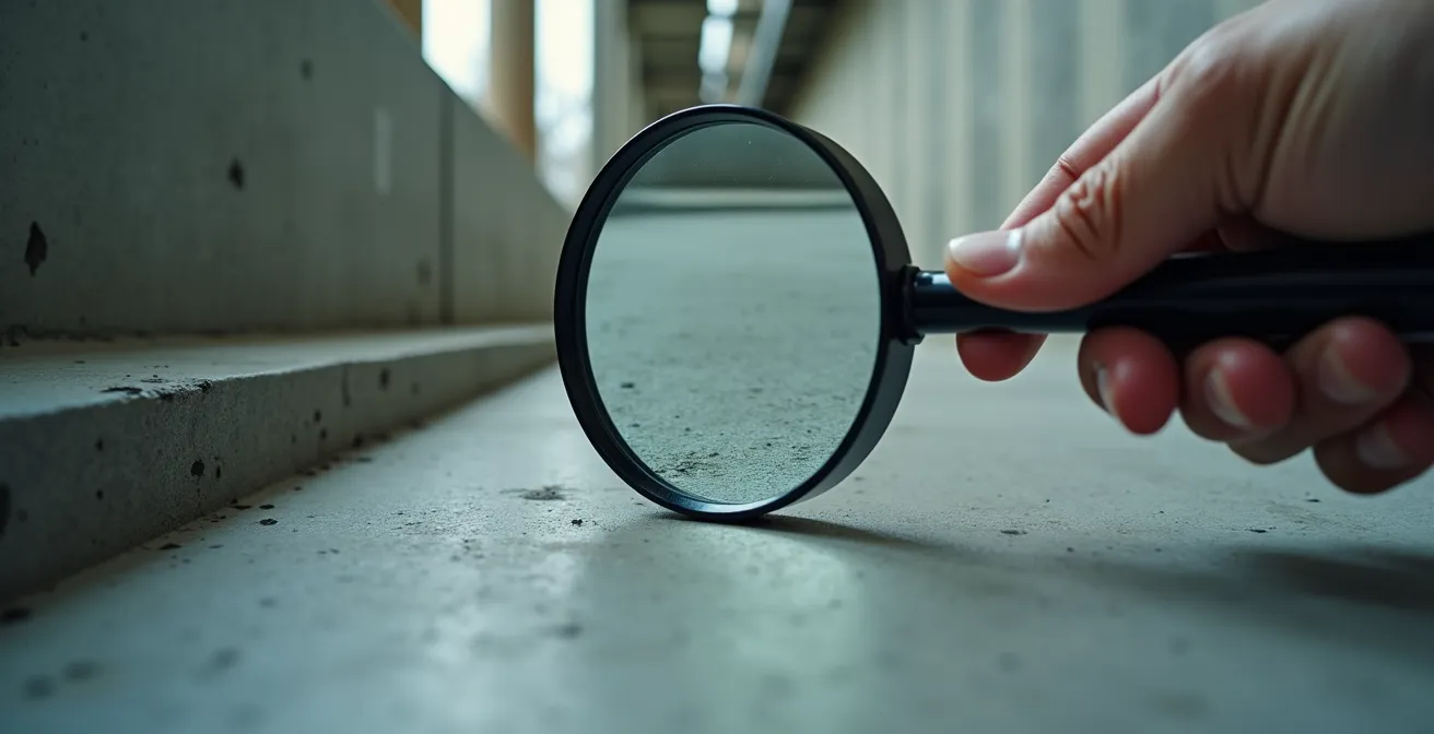 Composition minimaliste montrant des signaux d'alarme abstraits et symboliques : un panneau d'avertissement stylisé, une loupe inspectant des détails, symboles de prudence et vigilance, fond épuré avec espace négatif important