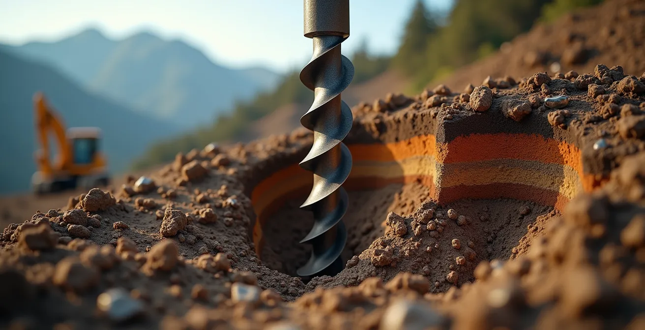 Géotechnicien réalisant un forage d'étude de sol sur terrain en pente en Haute-Savoie