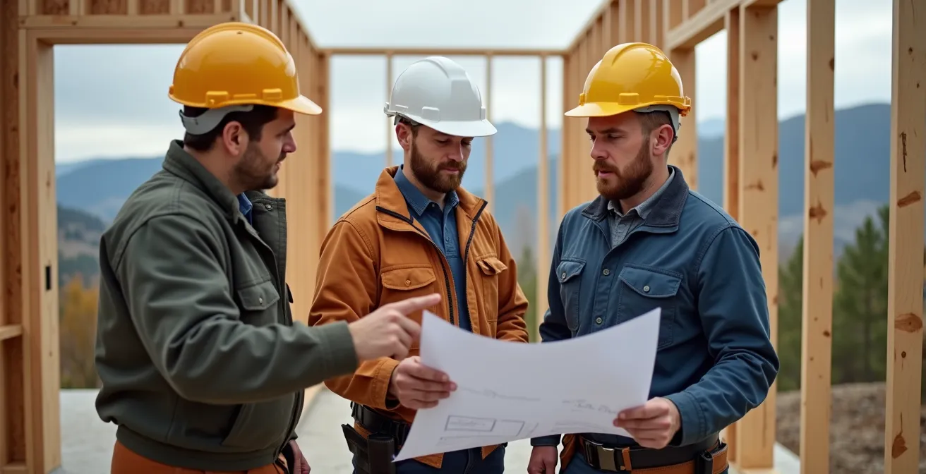 Réunion de coordination sur chantier entre architecte et artisans locaux