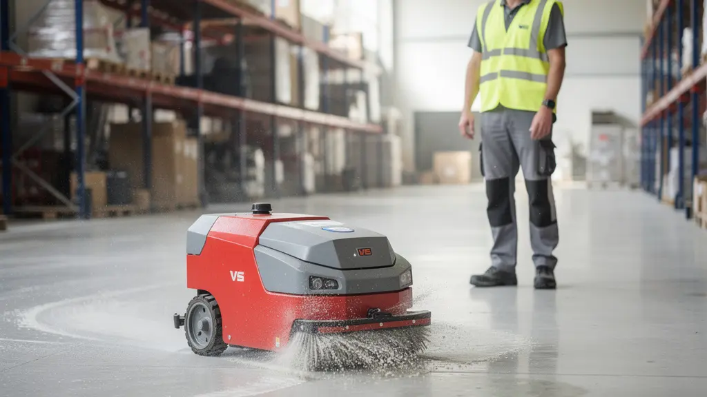 Équipement robotisé de décapage haute pression en action sur sol industriel