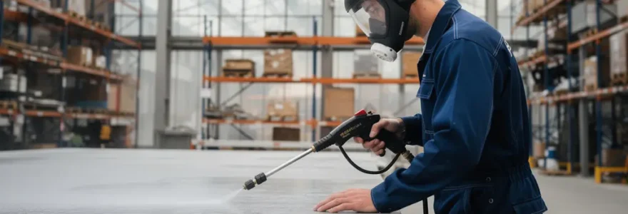 Technicien réalisant un hydrodécapage haute pression sur dalle béton industrielle