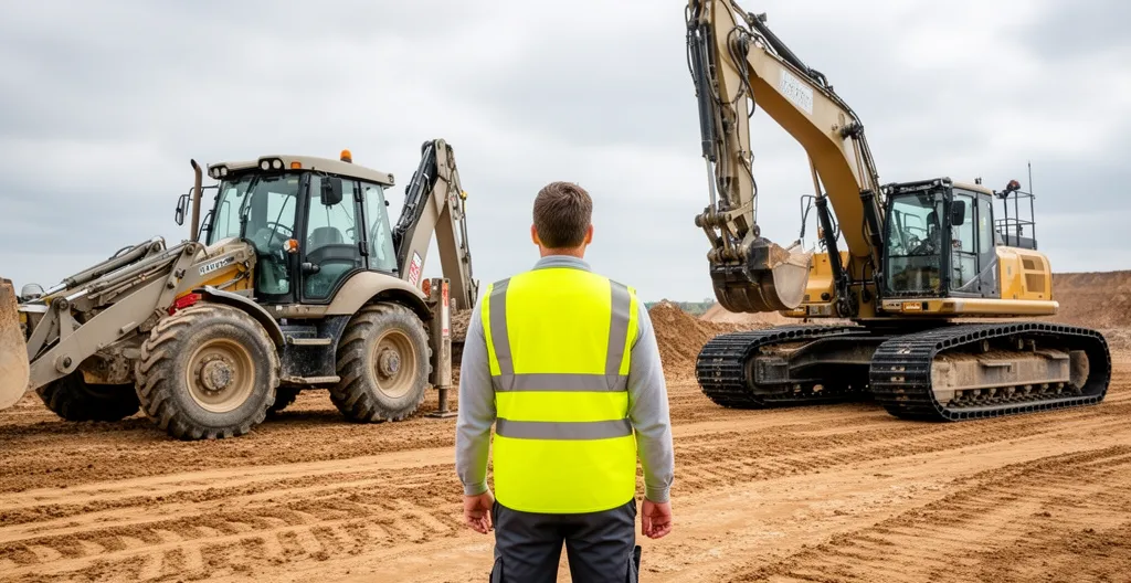 Deux pelles de chantier côte à côte comparant trains chenilles et pneus