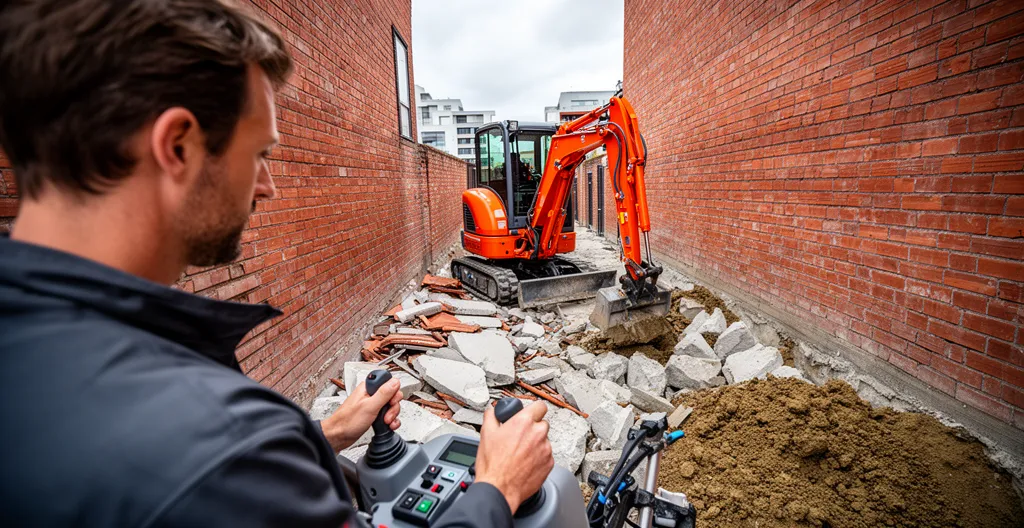 Mini-pelle compacte travaillant dans espace restreint chantier urbain