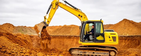 Pelle hydraulique sur chenilles excavant terrain de chantier terrassement