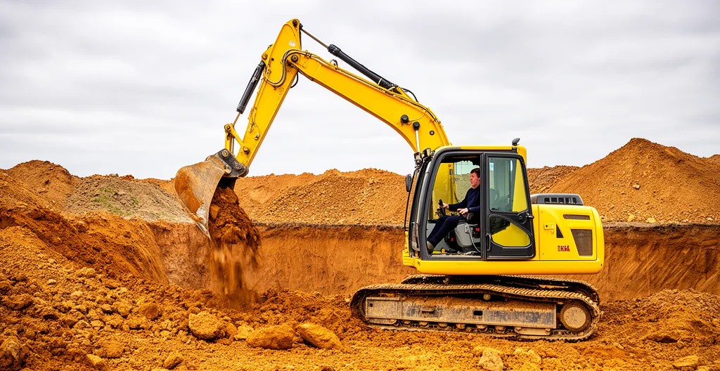 Pelle hydraulique sur chenilles excavant terrain de chantier terrassement
