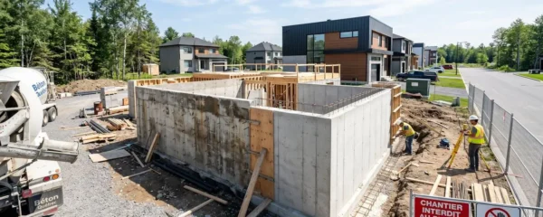 Vue extérieure d'un chantier résidentiel en banlieue montréalaise montrant la jonction entre une fondation existante en béton vieilli et une nouvelle section de fondation fraîchement coulée