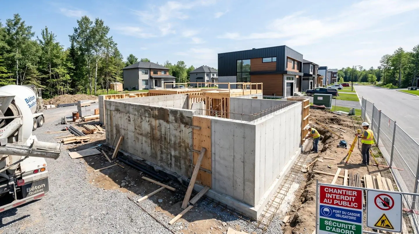 Vue extérieure d'un chantier résidentiel en banlieue montréalaise montrant la jonction entre une fondation existante en béton vieilli et une nouvelle section de fondation fraîchement coulée