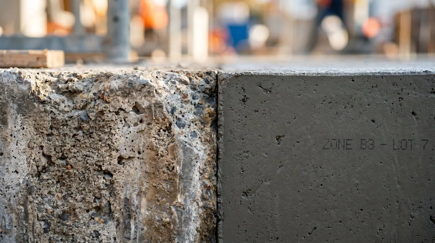 Gros plan rapproché montrant la jonction nette entre du béton de fondation vieilli et du béton fraîchement coulé avec un contraste de texture visible