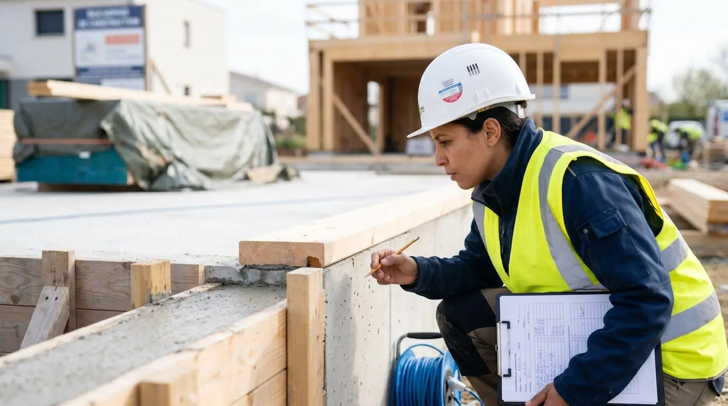 Un professionnel en vêtements de travail contemporains examine de profil une jonction de mur de fondation avec un outil de mesure sur un chantier résidentiel propre
