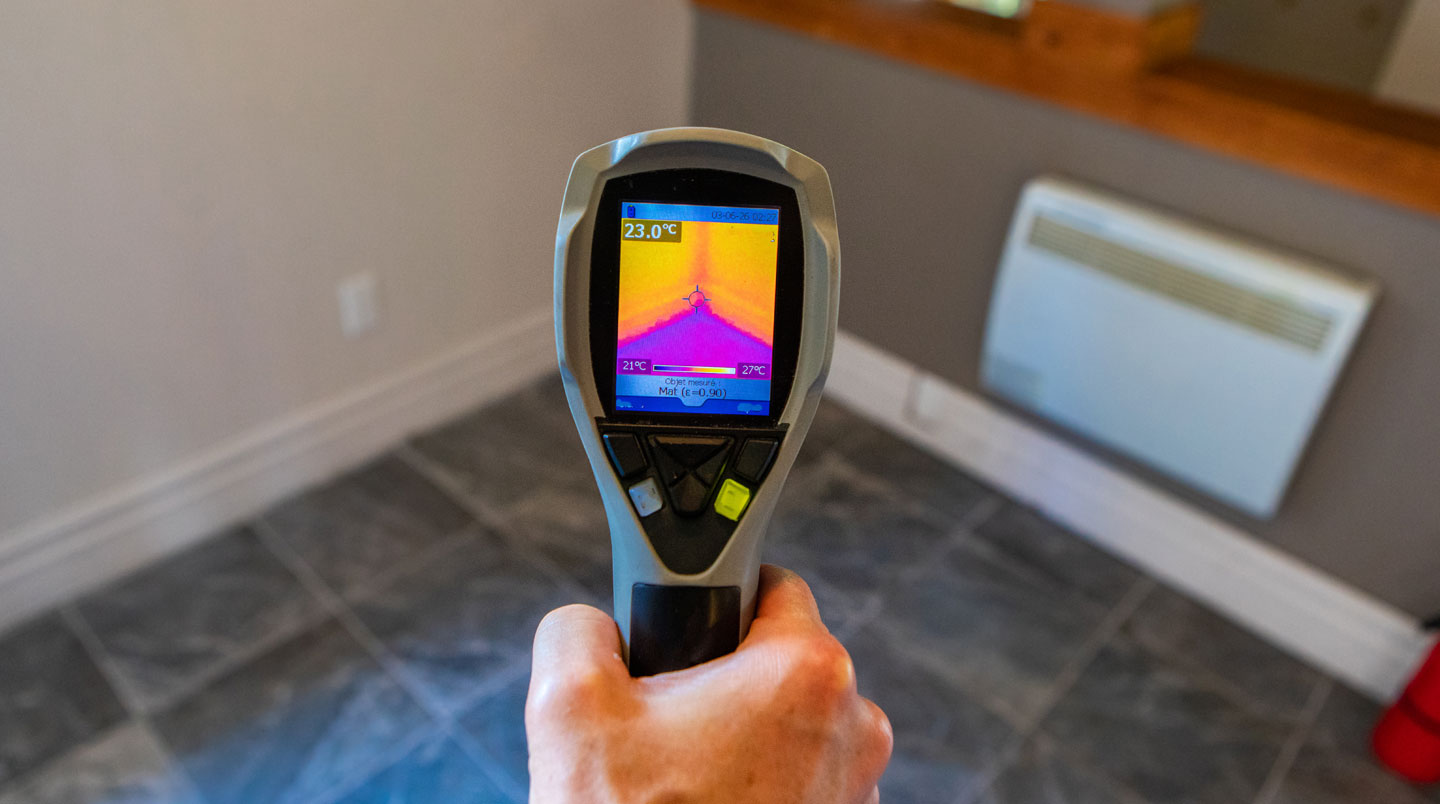 Inspecteur en bâtiment utilisant une caméra thermique infrarouge Flir sur un mur de fondation, l'écran de la caméra montrant un gradient thermique révélant des zones d'humidité