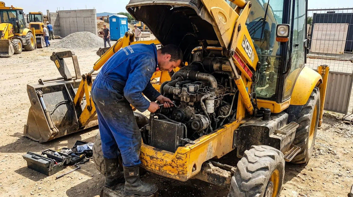 Capot moteur ouvert d'une tractopelle jaune avec un mécanicien examinant le bloc, éclairé par un projecteur.