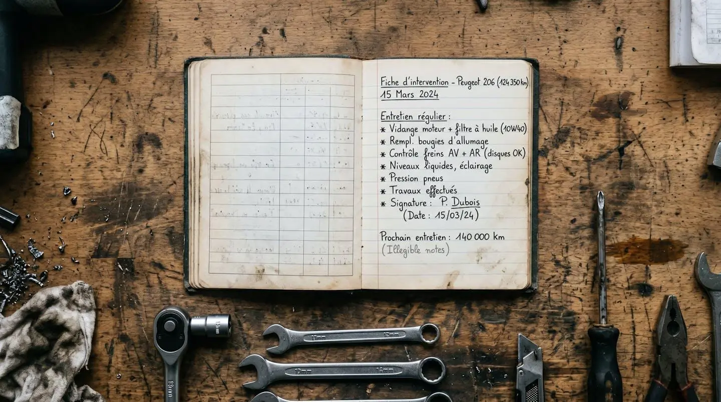 Carnet d'entretien ouvert sur un établi avec des outils rangés, lumière naturelle.