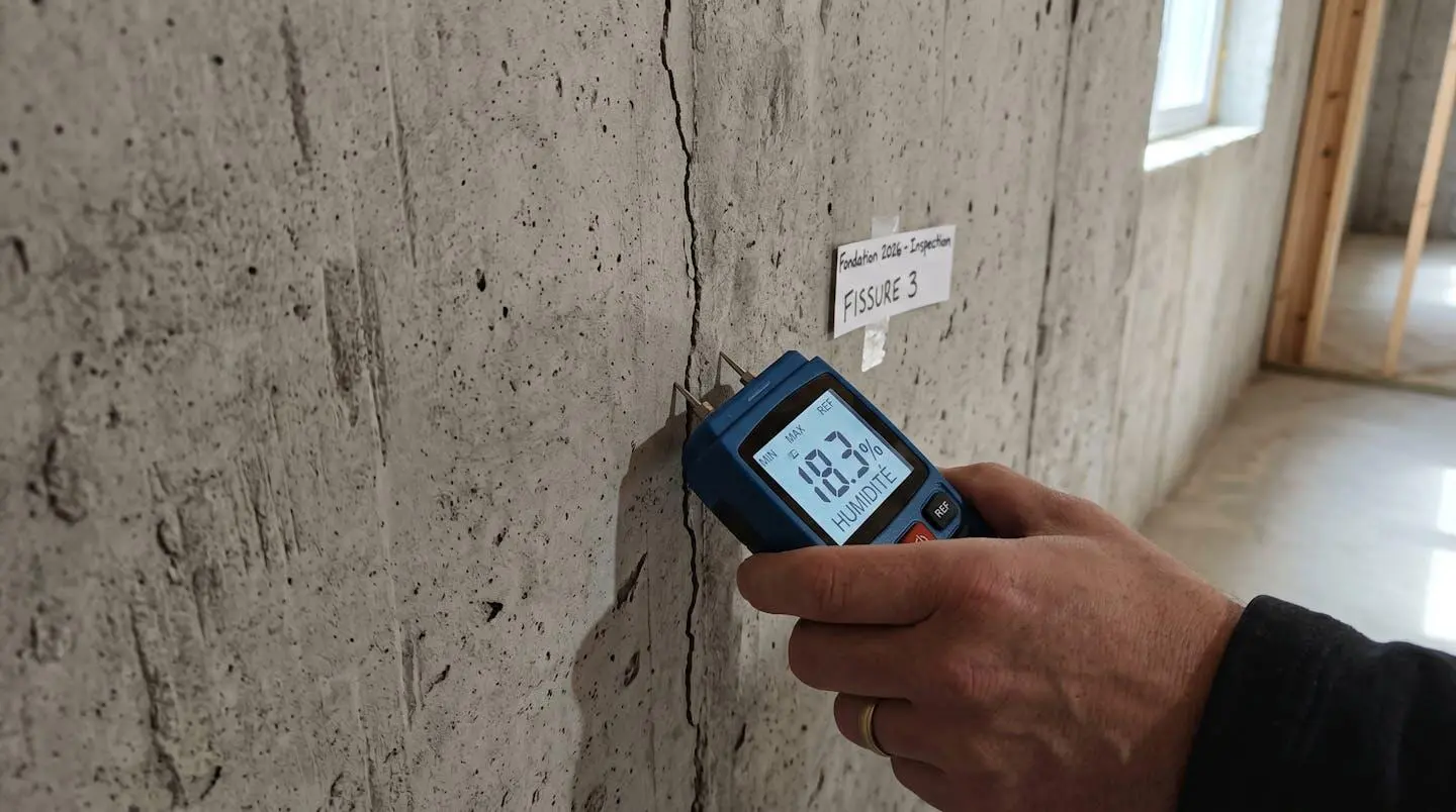 Gros plan d'une fissure capillaire dans un mur de fondation en béton avec un hygromètre professionnel mesurant le taux d'humidité