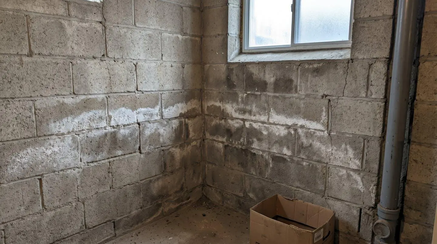 Mur de fondation en blocs de béton d'un sous-sol montréalais présentant des traces blanchâtres d'efflorescence et des signes d'humidité