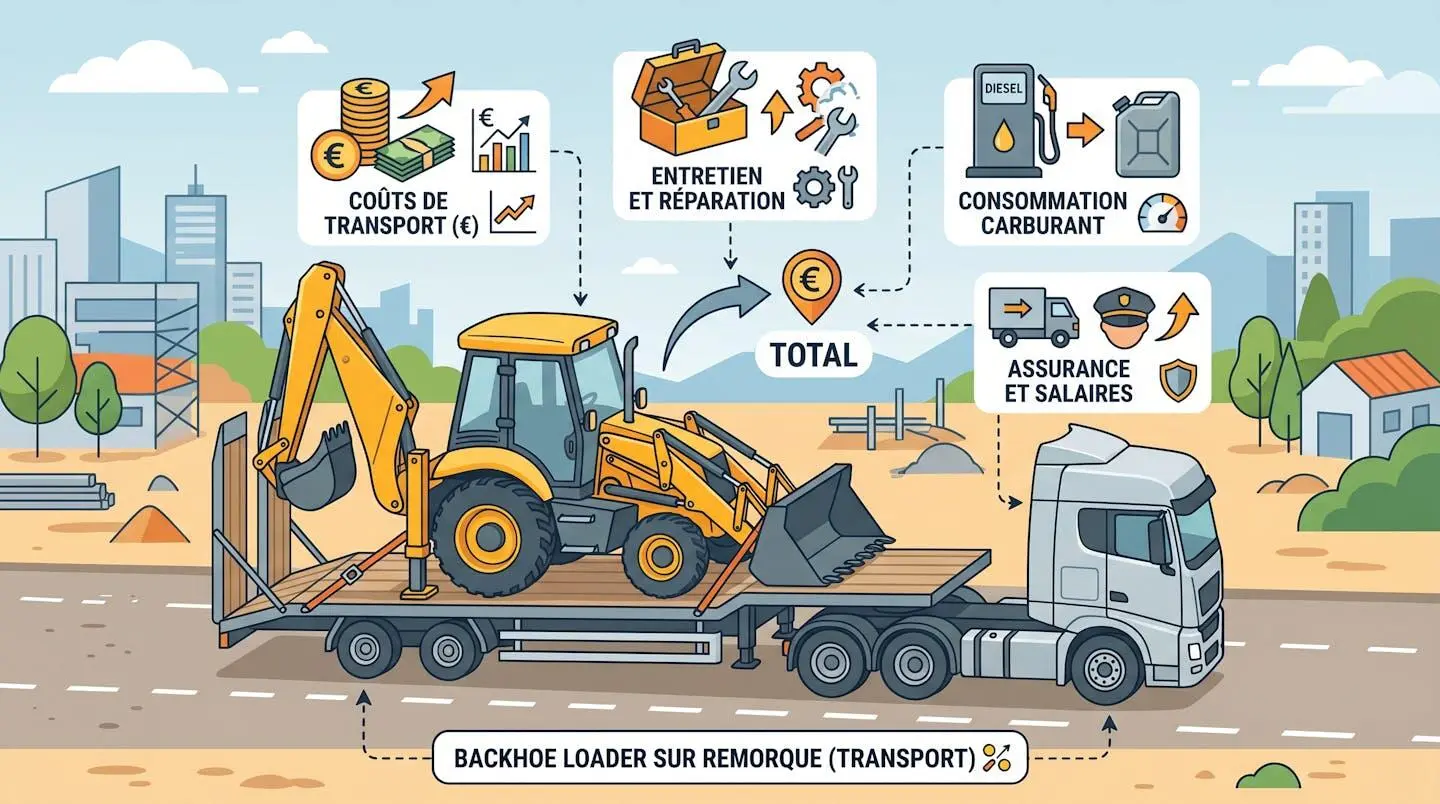 Illustration 3D isométrique d'une tractopelle sur un camion avec des icônes de coûts (prix, révision, transport).