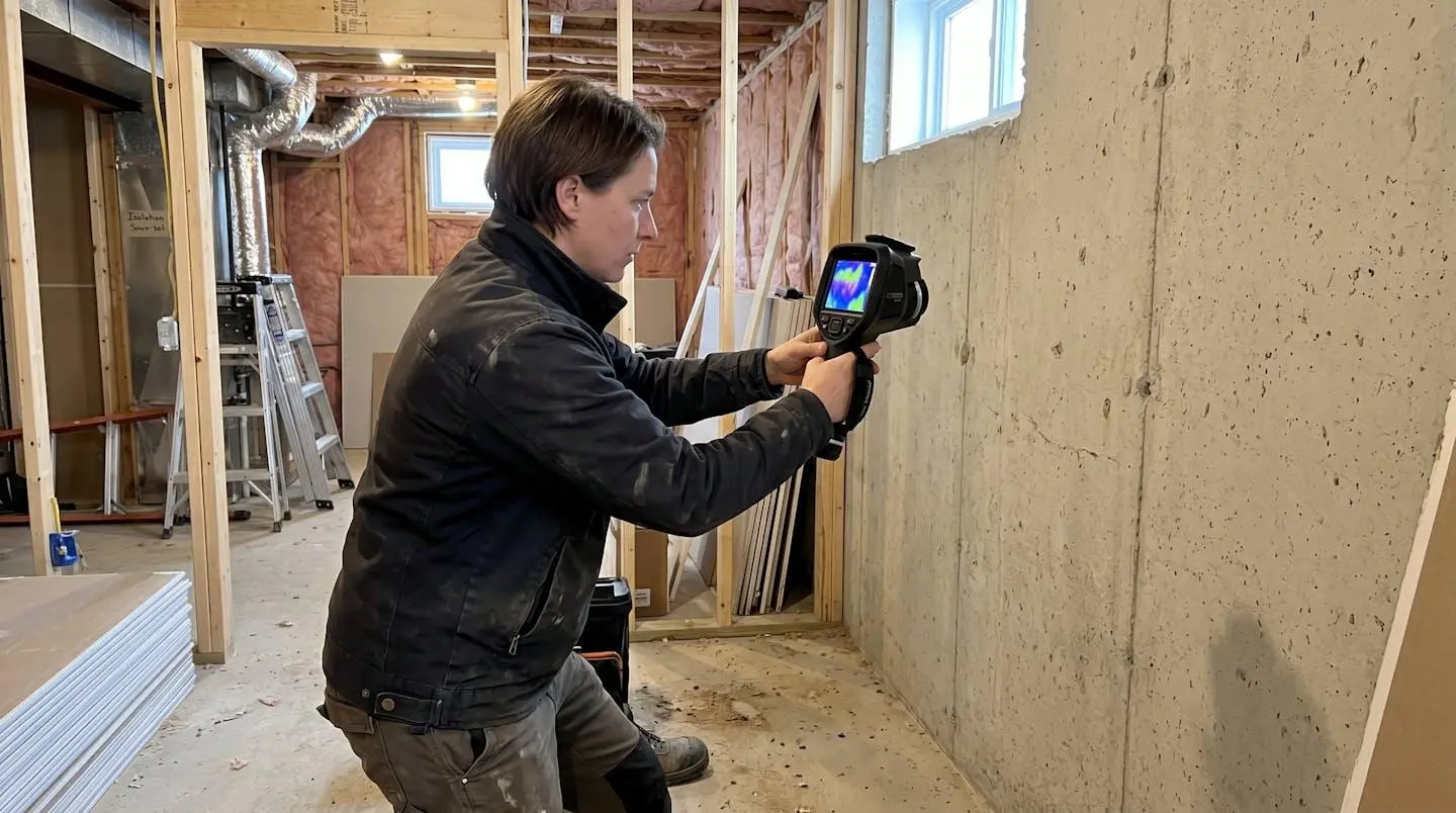 Inspecteur en bâtiment utilisant une caméra thermique infrarouge Flir sur un mur de fondation, l'écran de la caméra montrant un gradient thermique révélant des zones d'humidité