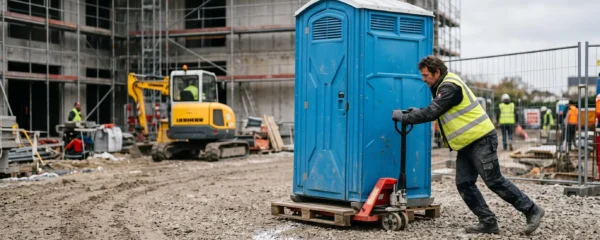 Un livreur manoeuvre une cabine de toilettes autonomes bleue sur un chantier en France à l'aide d'un transpalette manuel.