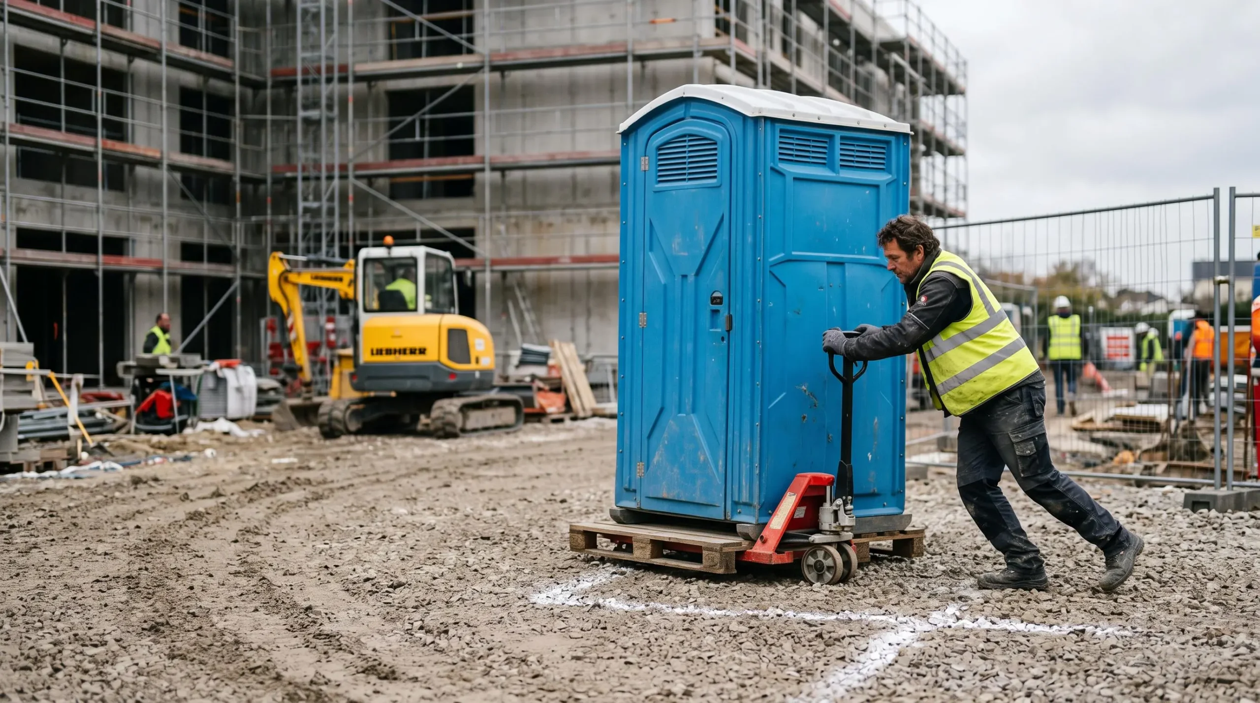 Un livreur manoeuvre une cabine de toilettes autonomes bleue sur un chantier en France à l'aide d'un transpalette manuel.