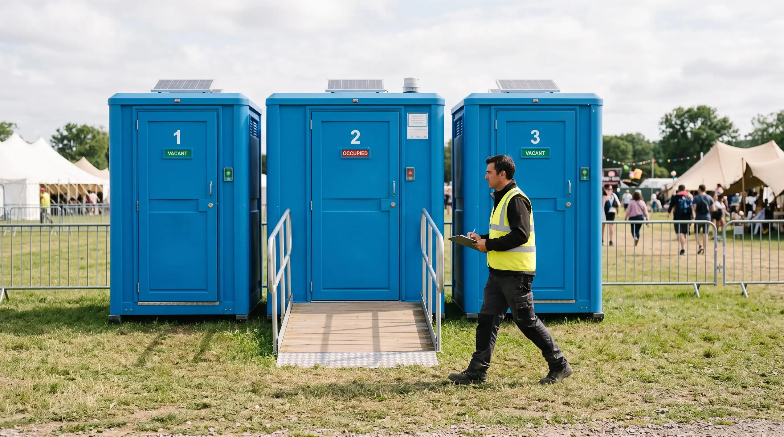 Une rangée de toilettes autonomes alignées sur l'espace extérieur d'un événement, dont une cabine accessible PMR avec rampe d'accès.