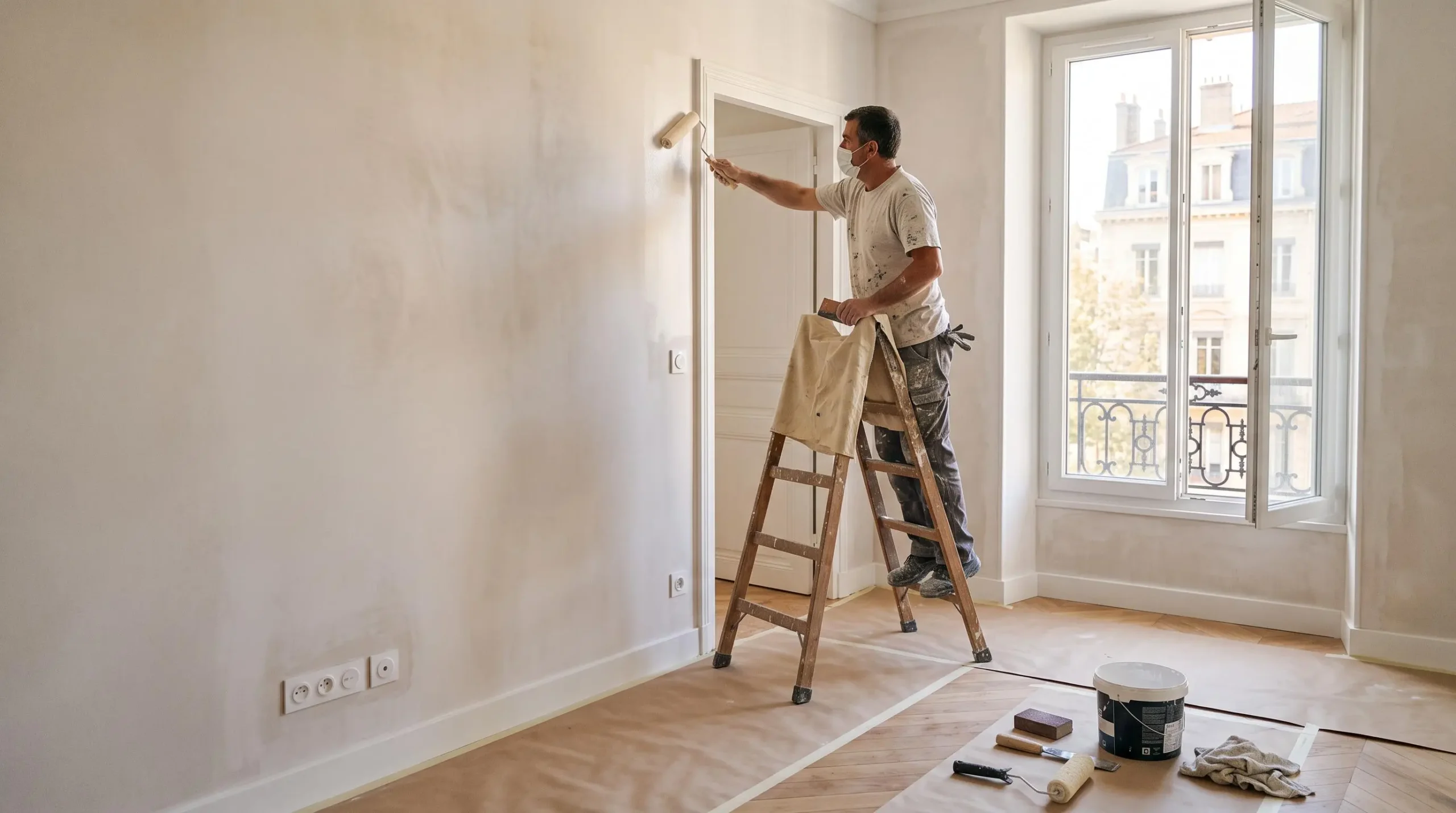 Un peintre sur escabeau applique de la peinture au rouleau sur un mur fraîchement enduit