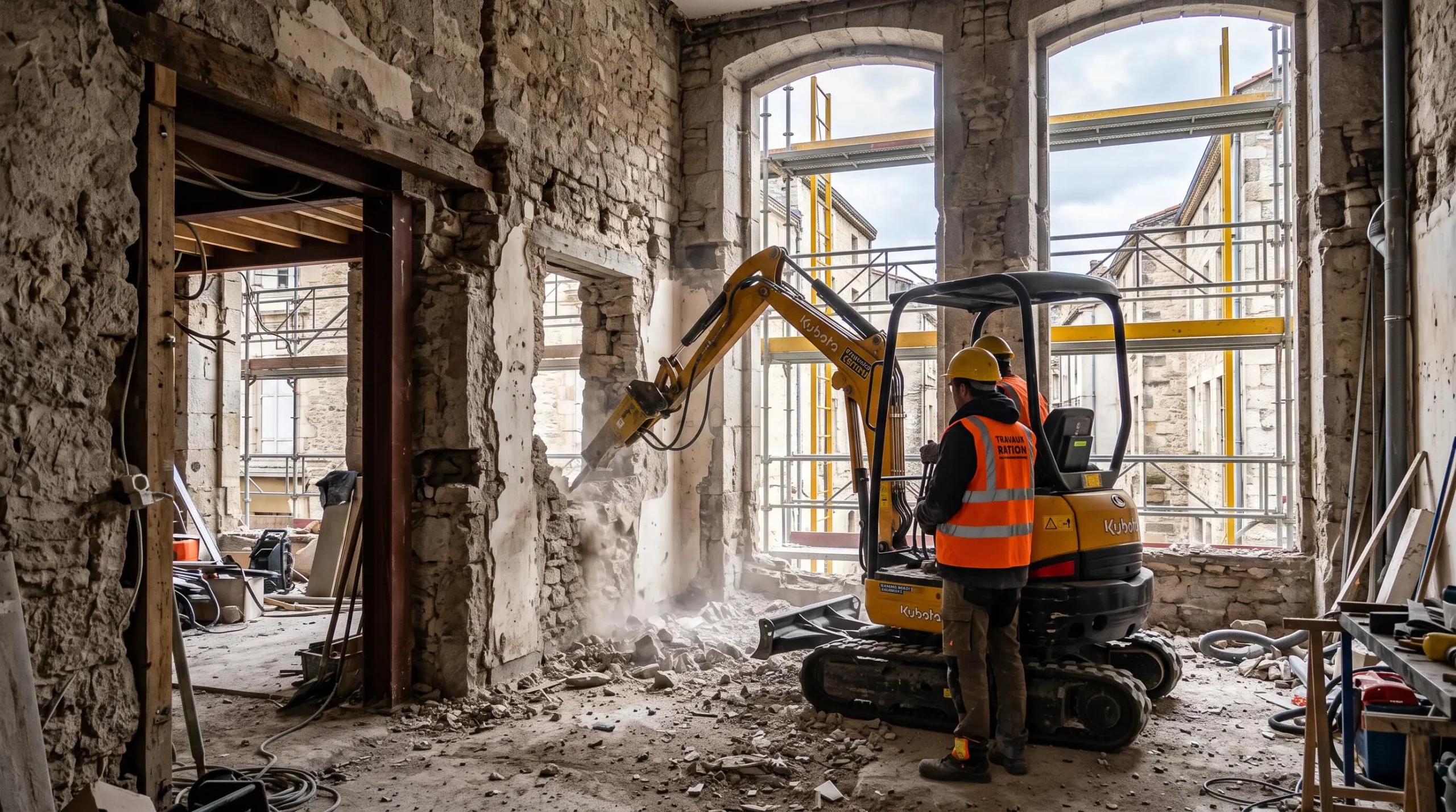 Un ouvrier en casque dirige une mini-pelleteuse de démolition dans un chantier de rénovation